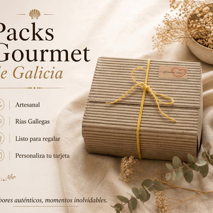 Pack gourmet VinNatura de Galicia con caja preparada para regalo y tarjeta personalizable