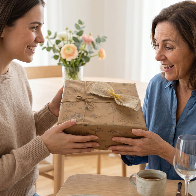 Mujer entregando una caja regalo gourmet VinNatura como detalle especial en una comida familiar