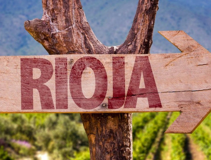 Letrero de madera, en forma de flecha sobre un tronco y con el viñedo y las montañas al fondo, Está escrita la palabra Rioja en Rojo vino tinto.