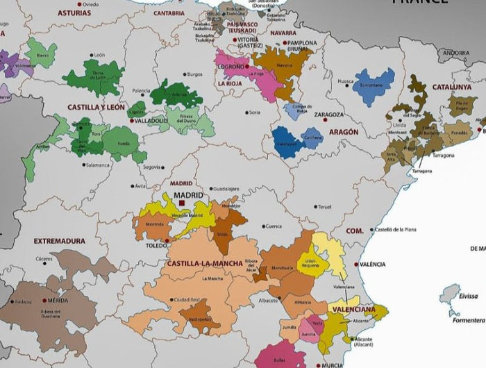 Mapa de las regiones vitivinícolas Españolas del Norte de España.