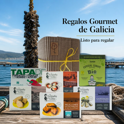 Pack Rías de VinNatura con conservas gourmet de Galicia, pimientos con kombu, bonito, zamburiñas, mejillones, sardinillas y galletas mariñeiras, con fondo marinero