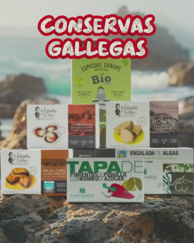 Montaje con muchos de nuestros packs gourmet con conservas premium y algas ecológicas Gallegas