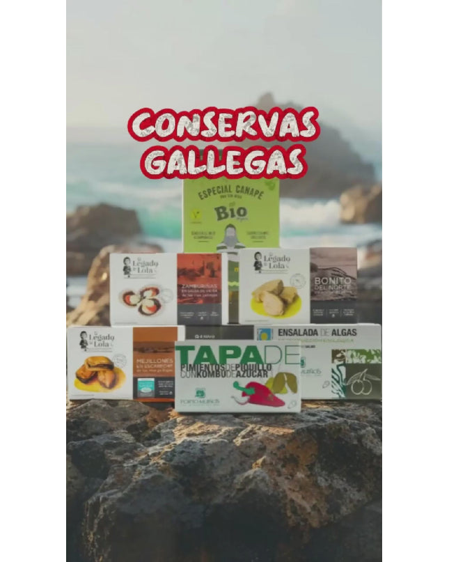 Montaje con muchos de nuestros packs gourmet con conservas premium y algas ecológicas Gallegas