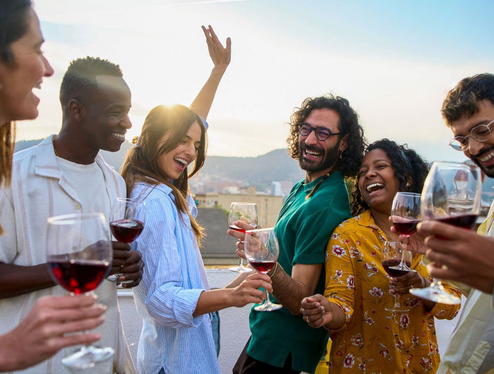 Reunión internacional de amigos bebiendo un vino natural Gallego.