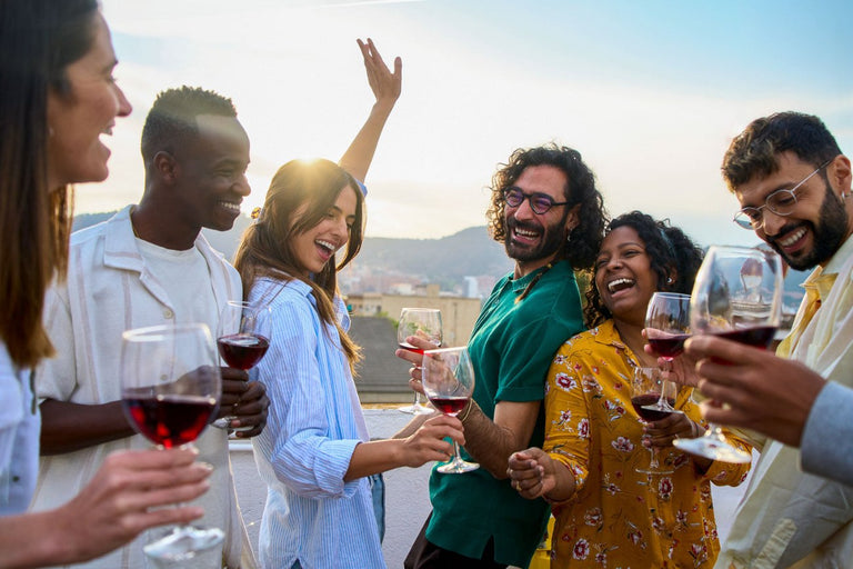 Reunión internacional de amigos bebiendo un vino natural Gallego.