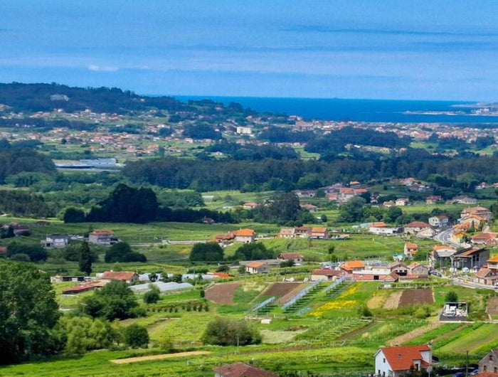 Vista panorámica de Meaño en las Rías Baixas, con viñedos, casas rurales y un cielo despejado.